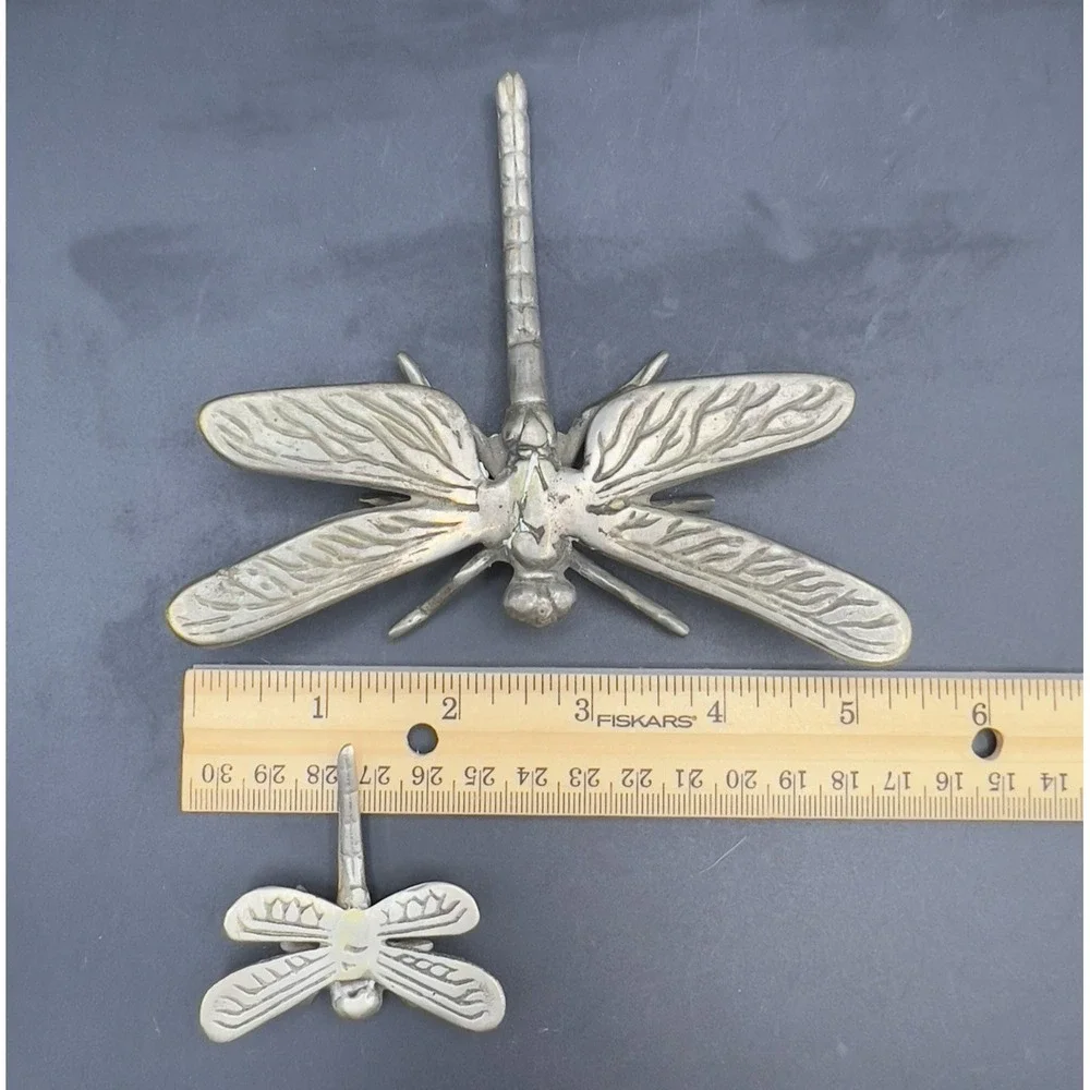 PEWTER DRAGONFLY Figurine with Baby Paperweight Garden Friends Silver ~ Set Of 2